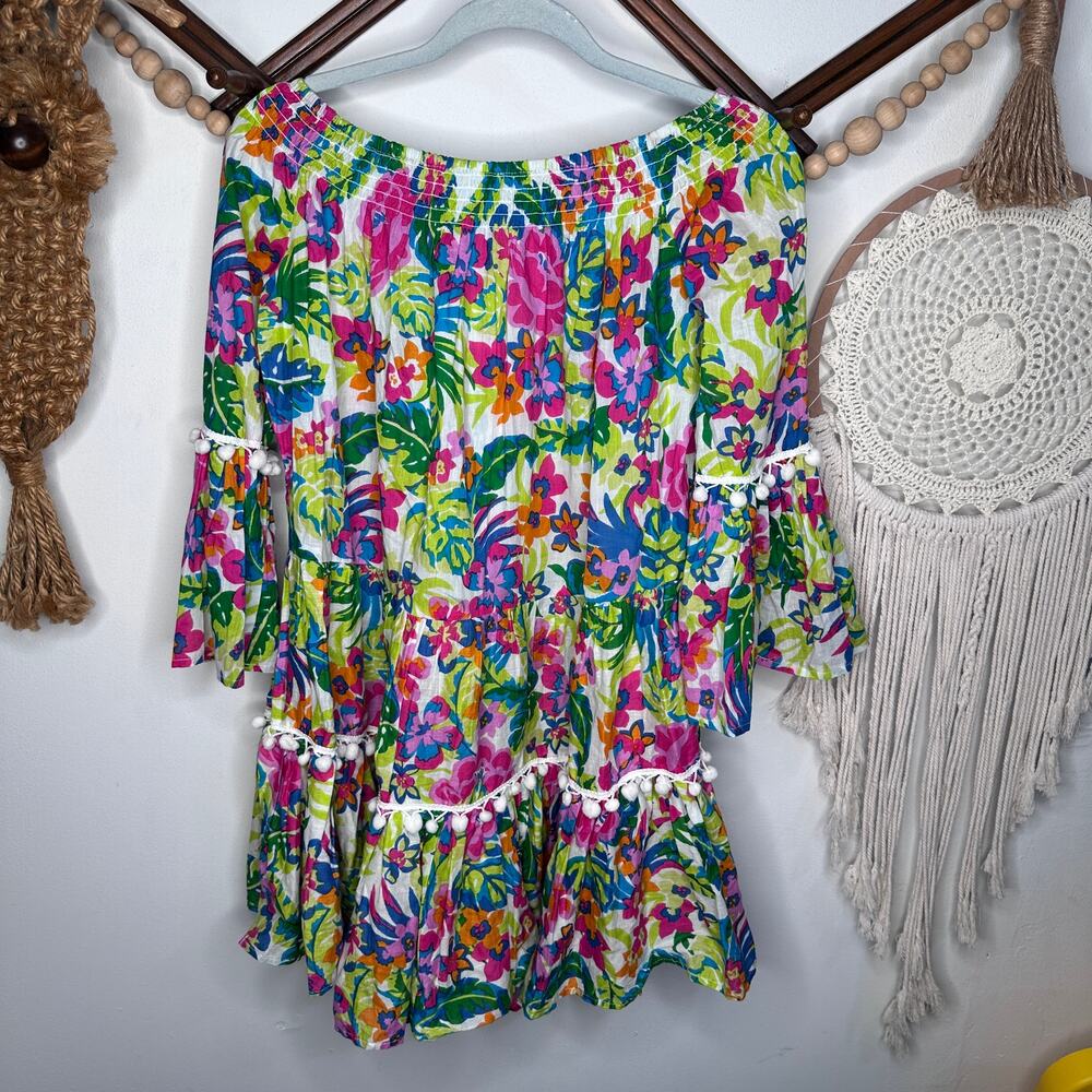 True Destinations Vibrant Tropical Off Shoulder Mini Dress